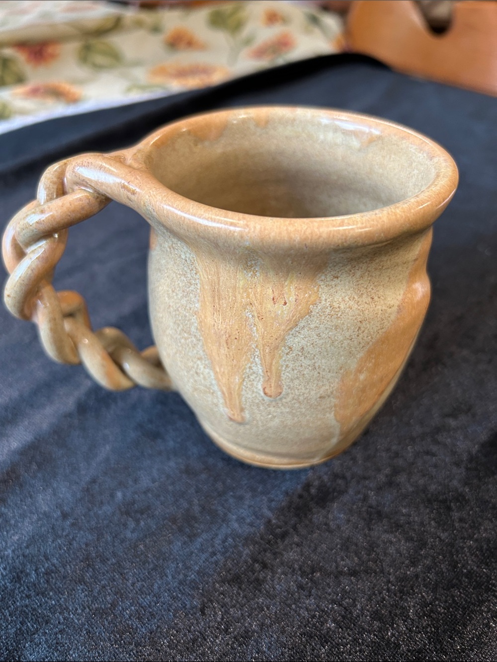 Handmade Ceramic Mug with Braided Handle - Beige/Tan Glaze